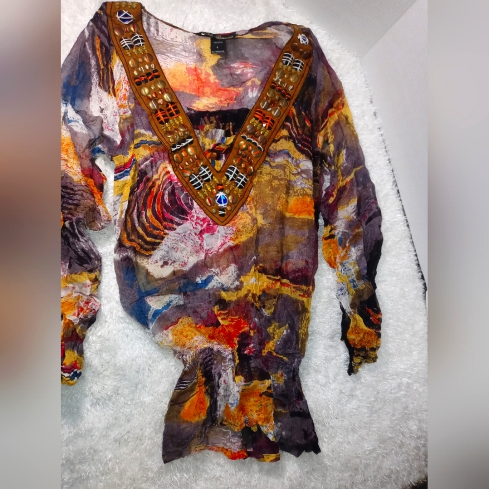 Silk Treads Brand African Inspired print Sheer top with rouged hem womens size S